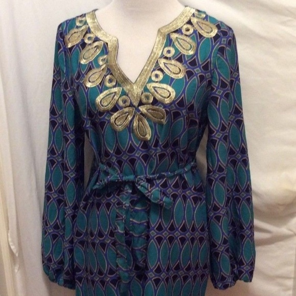 Mud Pie Dresses & Skirts - Mud Pie Dress S 4/6 Blue Green Gold Long Sleeve